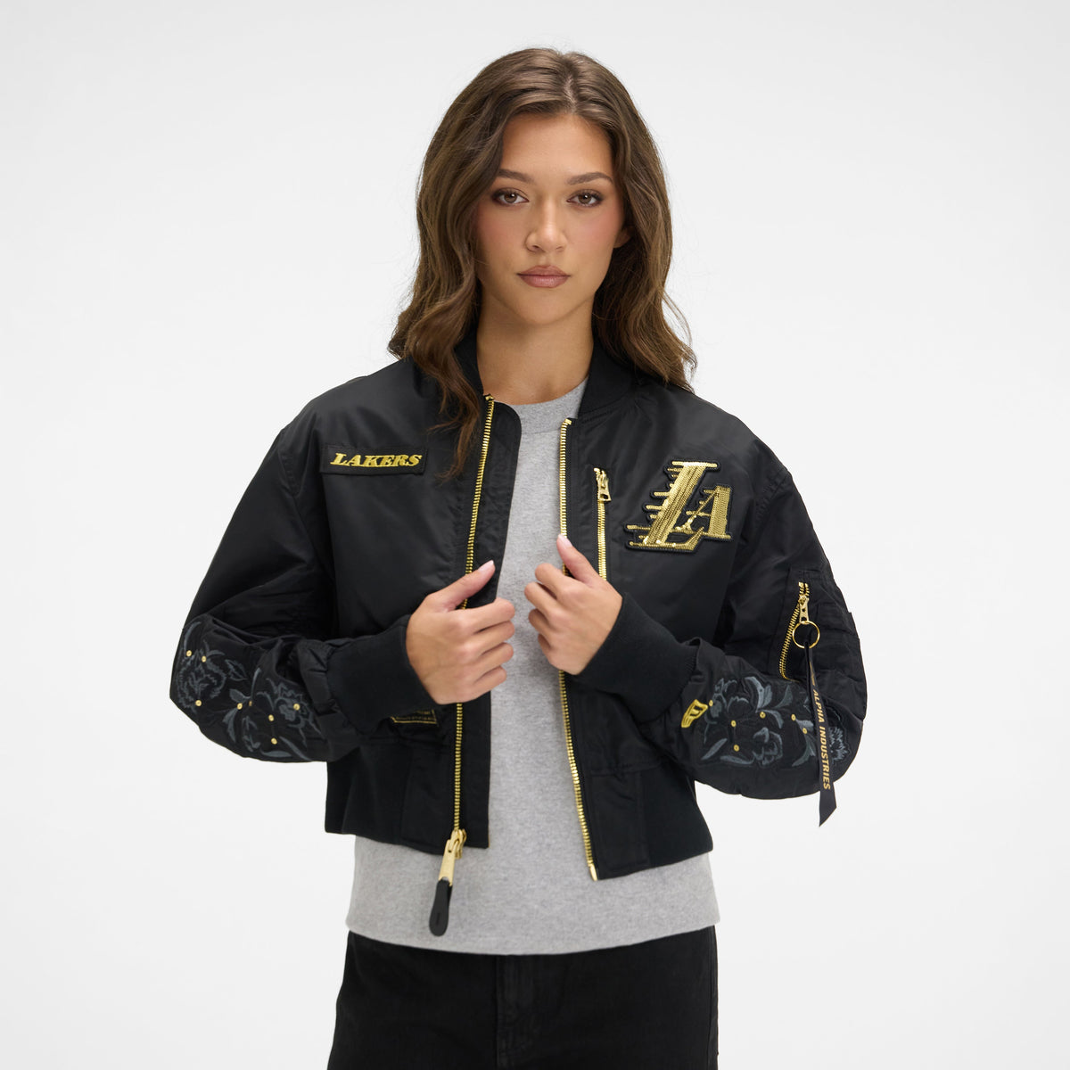 Alpha Industries x New York Knicks Black and Gold Women's Cropped L-2B Bomber Jacket