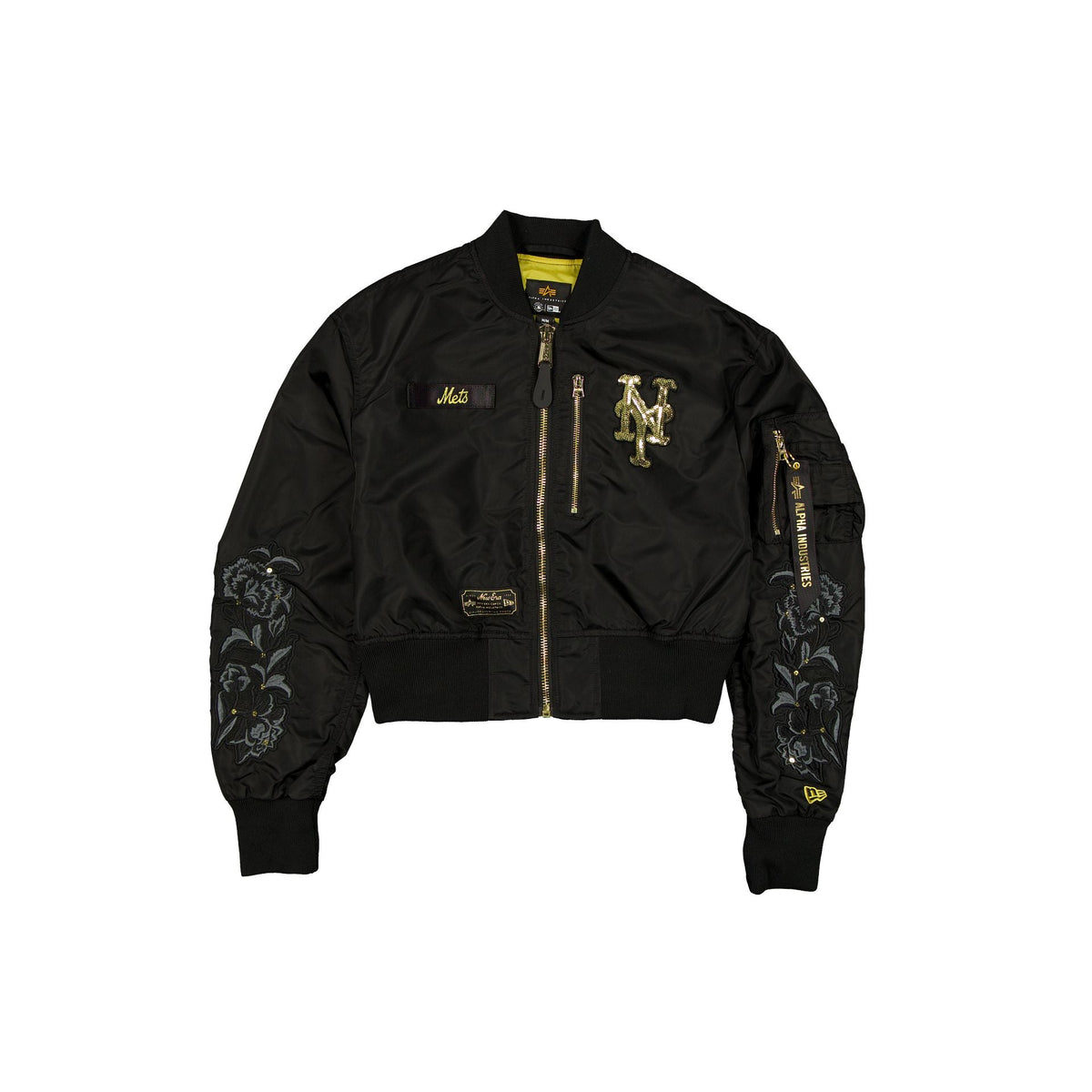 Alpha Industries x New York Mets Black and Gold Women's Cropped L-2B Bomber Jacket