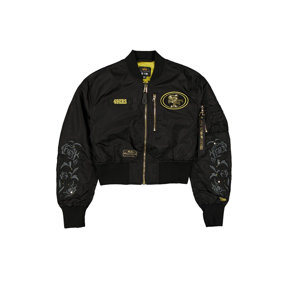 Alpha Industries x San Francisco 49ers Black and Gold Women's Cropped L-2B Bomber Jacket